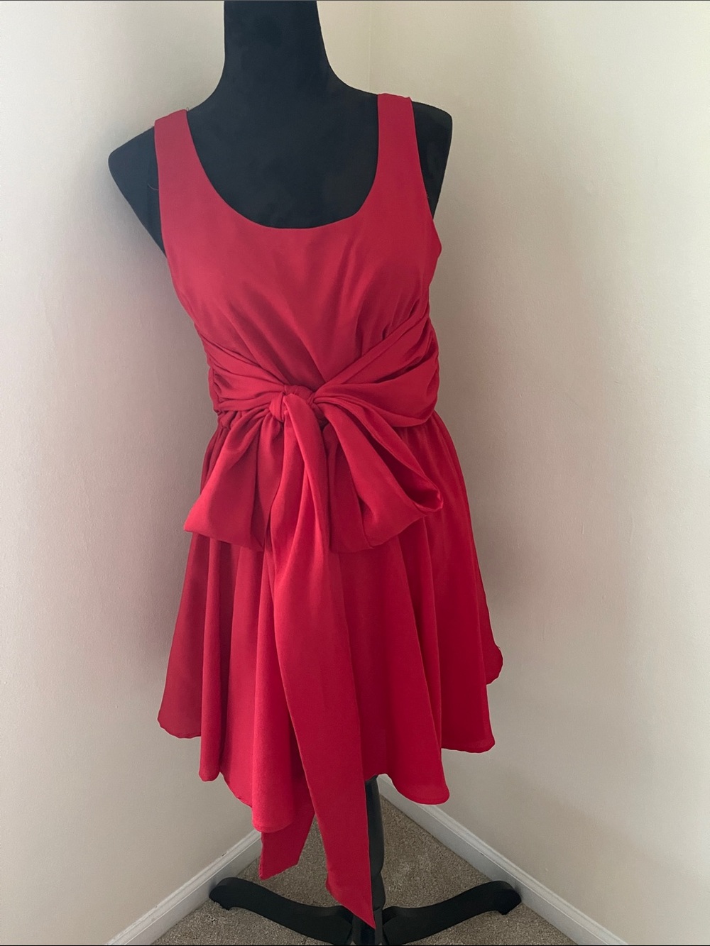 Women’s Red Mini Dress with Waist Bow Tie